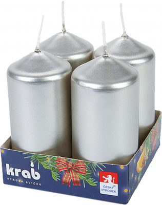 Svíčka adventní válec 40x80 mm - metalická stříbrná (4ks)