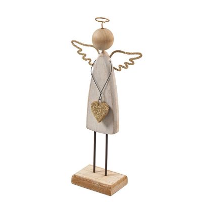 Anděl dřevo se srdcem, 20 CM, př. zlatá křídla