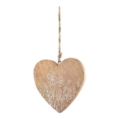 Srdce dřevěné s květy, závěs, 20 cm, přírodní, bílá