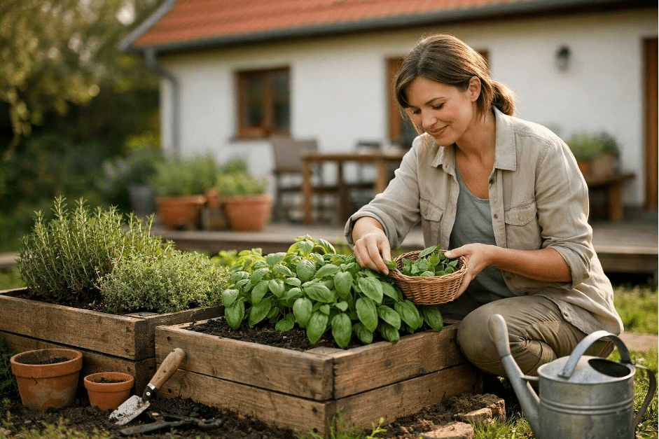 Žena sklízí bylinky na zahradě | Zcstrakovo.cz